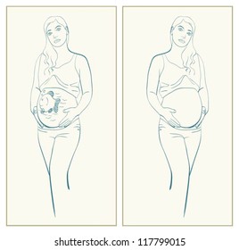 Pregnant woman with the image on a stomach.Pregnant woman. Art therapy.