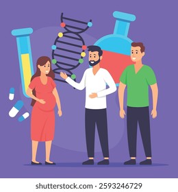 Pregnant woman interacting with two men in lab environment. People discussing genetics, illustrated by DNA strands and test tubes. Healthcare and support concept