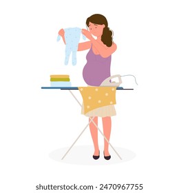 Pregnant woman ironing baby clothes, household chores before birth of child vector illustration