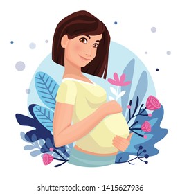 Pregnant woman  isolated on white. Vector illustration. Cute pregnant woman caressing her belly