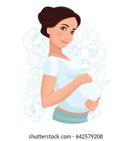 Pregnant woman  isolated on white. Vector illustration. Cute pregnant woman caressing her belly