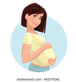 Pregnant woman  isolated on white. Vector illustration. Cute pregnant woman caressing her belly