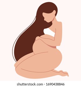 Pregnant woman isolated vector. Modern minimalistic illustration. Pregnant long hair brunette sitting and holding belly. Mother awaiting newborn baby. Mother care concept. Beautiful feminine design.