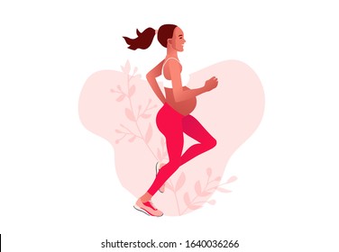 Pregnant woman jogging. Active well fitted pregnant female character. Happy pregnancy. Yoga and sport for pregnant. Flat cartoon vector illustration