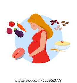 Pregnant woman keeping on diet flat vector illustration. Infographic with woman and food for baby health isolated on white background. Pregnancy, nutrition, food concept