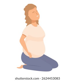 Pregnant woman kneeling on the floor and touching her belly