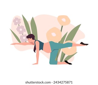 Pregnant woman in kneeling yoga pose, vector illustration. Calm fitness scene on floral background. Active pregnancy, exercise for health and relaxation.