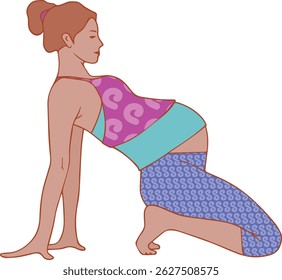 pregnant woman in kneeling yoga pose for prenatal wellness – flat hand-drawn illustration