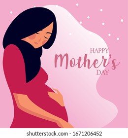 pregnant woman with label happy mother day vector illustration design