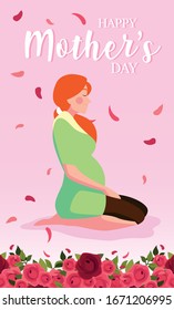 pregnant woman with label happy mother day vector illustration design