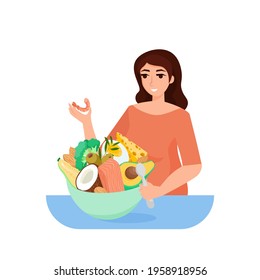 Pregnant woman with large plate of healthy food.