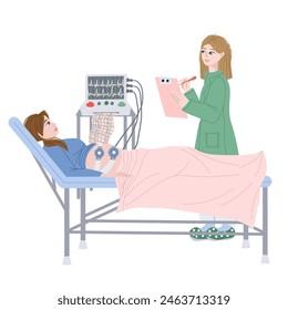 Pregnant woman laying on the sofa for a baby check up. Fetal monitoring. Cartoon art with a female gynecologist and patient. Healthcare medical concept. Vector illustration.