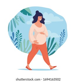 A pregnant woman leads a healthy lifestyle. Sports and walks during pregnancy. Conceptual poster about motherhood. Flat female character for design. Vector illustration