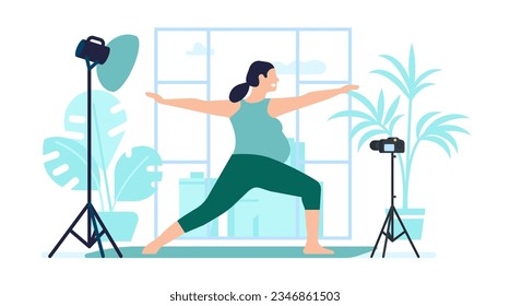 Pregnant woman leads online yoga class from home. Pregnancy workout. Female doing fitness exercises on mat. Recording training video for course. Camera and lamp tripod