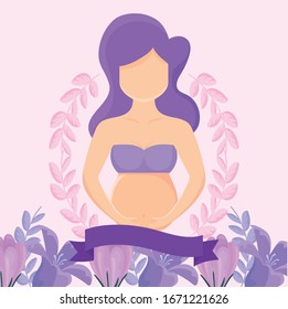 pregnant woman with leaves wreath and beautiful flowers over pink background, vector illustration