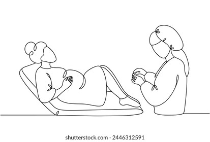 A pregnant woman lies on the couch. The midwife helps her through the birth process. International Day of the Midwives. Simple line vector illustration.