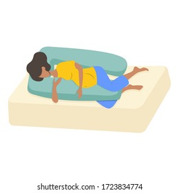 A pregnant woman lies on a special pillow for pregnant women. Vector illustration, flat cartoon design, eps 10.