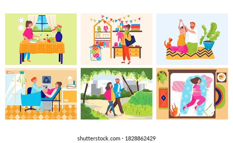 Pregnant woman lifestyle activity vector illustration set. Cartoon flat happy active mother character in pregnancy visiting doctor, cooking, doing sport exercises and walking with husband together