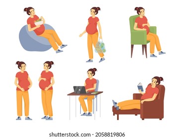 Pregnant woman lifestyle cartoon vector illustration set. Happy future mom doing different exercises like eating, reading, working, shopping. Female pregnancy concept