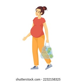 Pregnant woman lifestyle cartoon vector illustration. Happy future mom returns from store with bag of groceries. Female pregnancy concept