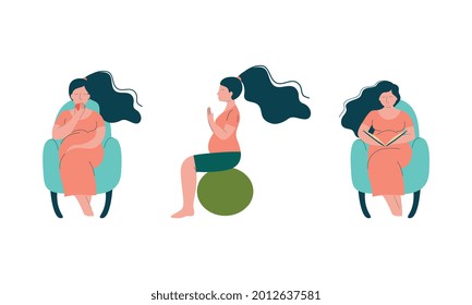 Pregnant Woman Lifestyle with Happy Expectant Mother During Pregnancy Sitting on Fitball and Reading Book in Armchair Vector Set