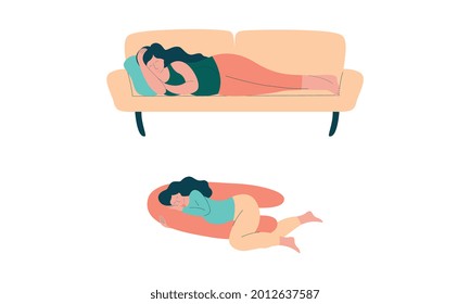 Pregnant Woman Lifestyle with Happy Expectant Mother During Pregnancy Lying on Sofa and Sleeping Embracing Boppy Pillow Vector Set