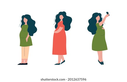 Pregnant Woman Lifestyle with Happy Expectant Mother During Pregnancy Walking and Taking Selfie Vector Set