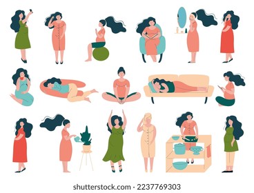 Pregnant Woman Lifestyle with Happy Expectant Mother During Pregnancy Engaged in Different Activity Big Vector Set