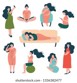 Pregnant Woman Lifestyle Set, Happy Brunette Mother in Pregnancy Doing Exercises, Sitting, Sleeping Vector Illustration