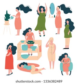 Pregnant Woman Lifestyle Set, Happy Brunette Mother in Pregnancy Caring for Herself, Reading Book, Cooking, Sleeping, Talking on Phone Vector Illustration