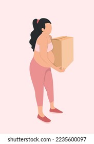 A pregnant woman lifting a box