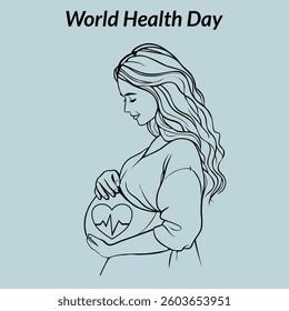 Pregnant woman line art with EKG symbol for World Health Day, vector line art illustration on pastel blue background