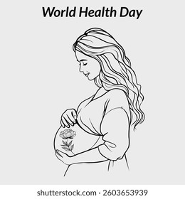 Pregnant woman line art with flower symbol for World Health Day, vector line art illustration on white background