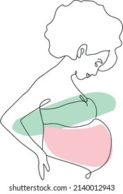 Pregnant woman line art, one line profile of afro american woman with belly