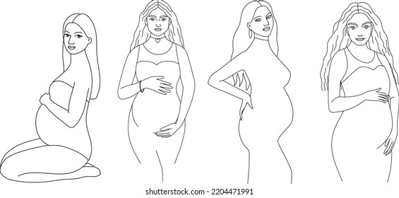 Pregnant woman line art vector set. Prenatal illustration.