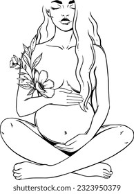 Pregnant woman line art, Pregnant women with floral pattern line art