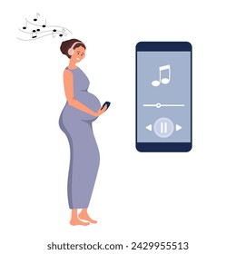 Pregnant woman listens to music. Woman enjoys music to benefit herself and baby. mobile application for listening to music. Healthy life style and health care for pregnancy clinic, cours, poster