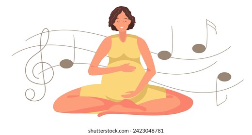 Pregnant woman listens to music in lotus position. Woman with sportswear in lotus pose enjoys music to benefit herself and baby. Lady happy and enjoys pregnancy. Healthy life style and health care