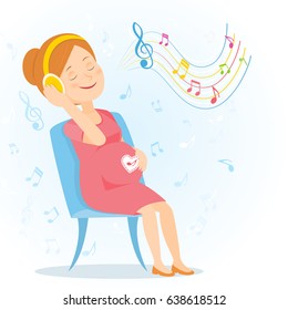 Pregnant woman listens to music on headphones. Woman enjoy music. Vector illustration.