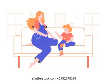 Una mujer embarazada y un niño están sentados juntos en el sofá. Madre e hijo. Futuro hermano o hermana. Ilustración plana vectorial.