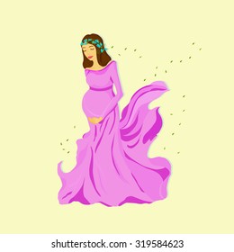 pregnant woman in a long dress wreath on his head