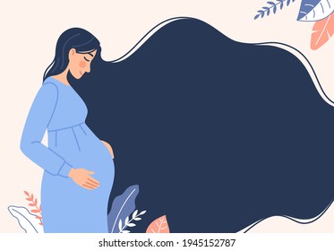 Mujer embarazada con antecedentes de pelo largo. Una joven madre llana y sonriente que espera un bebé en el vientre. Atención prenatal. Concepto de embarazo. Diseño de pancartas de maternidad. Ilustración del vector de parto infantil de dibujos animados.