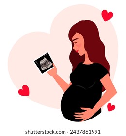 Pregnant woman with long hair holding photo of baby in her hands. Happy pretty woman looking picture of embryo. Smiling woman with ultrasound of baby. Cartoon vector illustration