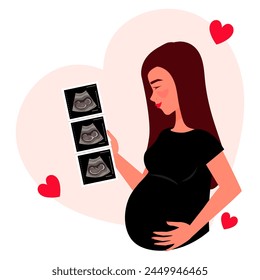 Pregnant woman with long hair holding photo of baby in her hands. Happy pretty woman looking pictures of embryo. Smiling woman with ultrasound of baby. Cartoon vector illustration.