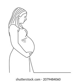 Pregnant woman with long hair holds her hands on her stomach with baby. Hand drawn vector illustration. Black and white.
