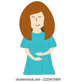 Pregnant woman with long hair holds her hands on her stomach isolated on white background, happy smiling young girl,cute pregnant female avatar,pregnancy concept.