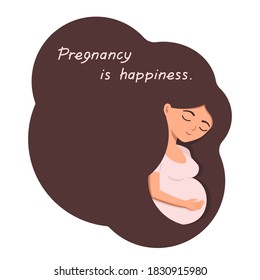 A pregnant woman with long hair hugs her big belly.