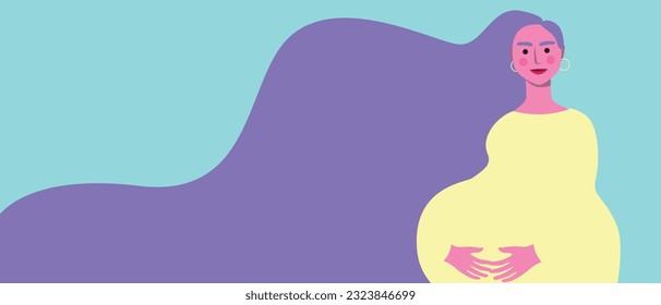 Pregnant woman with long hair, reproduction concept as copy space template for design, flat vector stock illustration