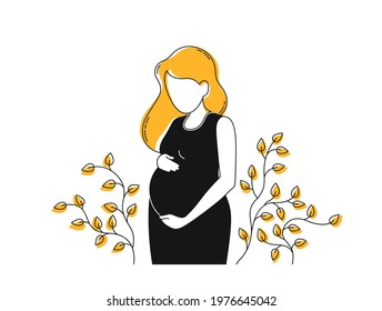 Pregnant Woman with Long Hair Surrounded by Plants. Doodle style, Thin Line. The concept of pregnancy, motherhood, family. Flat cartoon Vector illustration.