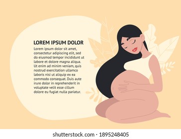 Pregnant woman with long hair. Template for banner about pregnancy and motherhood in minimalistic style. 